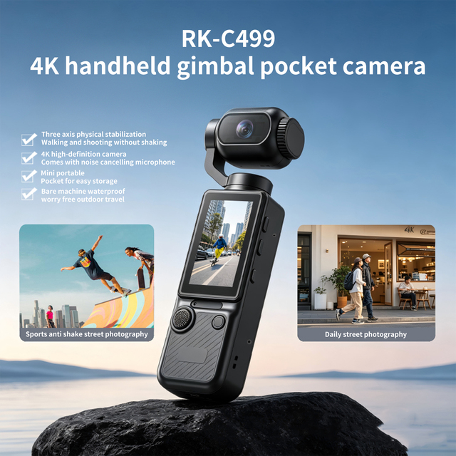 RK-C499 4K Pocket Gimbal Camera 3-Axis Stabilization Handheld Action Cam with Noise Cancelling Mic Mini Vlog Camera
