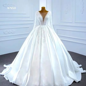 Wedding Dress Ball Gown V Neck Long Sleeves Satin White Plus Size With Pearls Handmade Vintage Style - Product Image 1
