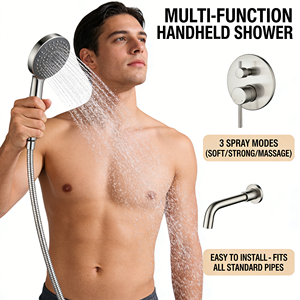 Ensemble de douche mural encastré avec mitigeur bain-douche en laiton à double poignée et jet pluie, avec cartouche céramique - Product Image 4