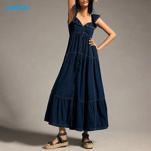 2023 été personnalisé décontracté coton Denim en détresse smocks bouton Maxi lâche femmes robes robe à volants - Product Image 1