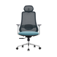 Chaise de bureau ergonomique moderne en maille, cadre blanc, maille noire, coussin turquoise avec appui-tête et accoudoirs pour bureau à domicile