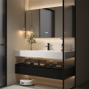 Modern Wall-<b>Mounted</b> Bathroom Vanity <b>With</b> Smart Mirror Ceramic Basin Rectangle Dark Finish Minimalist Design 60 In - Product Image 6