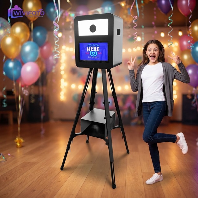 13.3 Inch Digital Photo Booth Kiosk with Adjustable Stand Built in Printer Mount and High Angle Screen for Party Rental