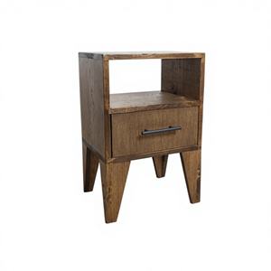 Table de chevet artisanale moderne en bois de récupération, finition noyer, avec pieds inclinés, 2 tiroirs et étagère ouverte pour hôtel et appartement - Product Image 1