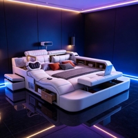 Lit intelligent multifonctionnel en cuir Tatami avec fonction massage, projecteur, haut-parleur Bluetooth, rangement, lit king size