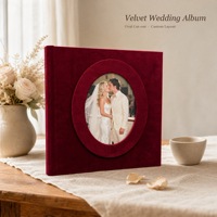 Album photo de mariage en velours, couverture rigide avec fenêtre découpée, pages épaisses à ouverture plate, mise en page personnalisée pour les boutiques de mariée