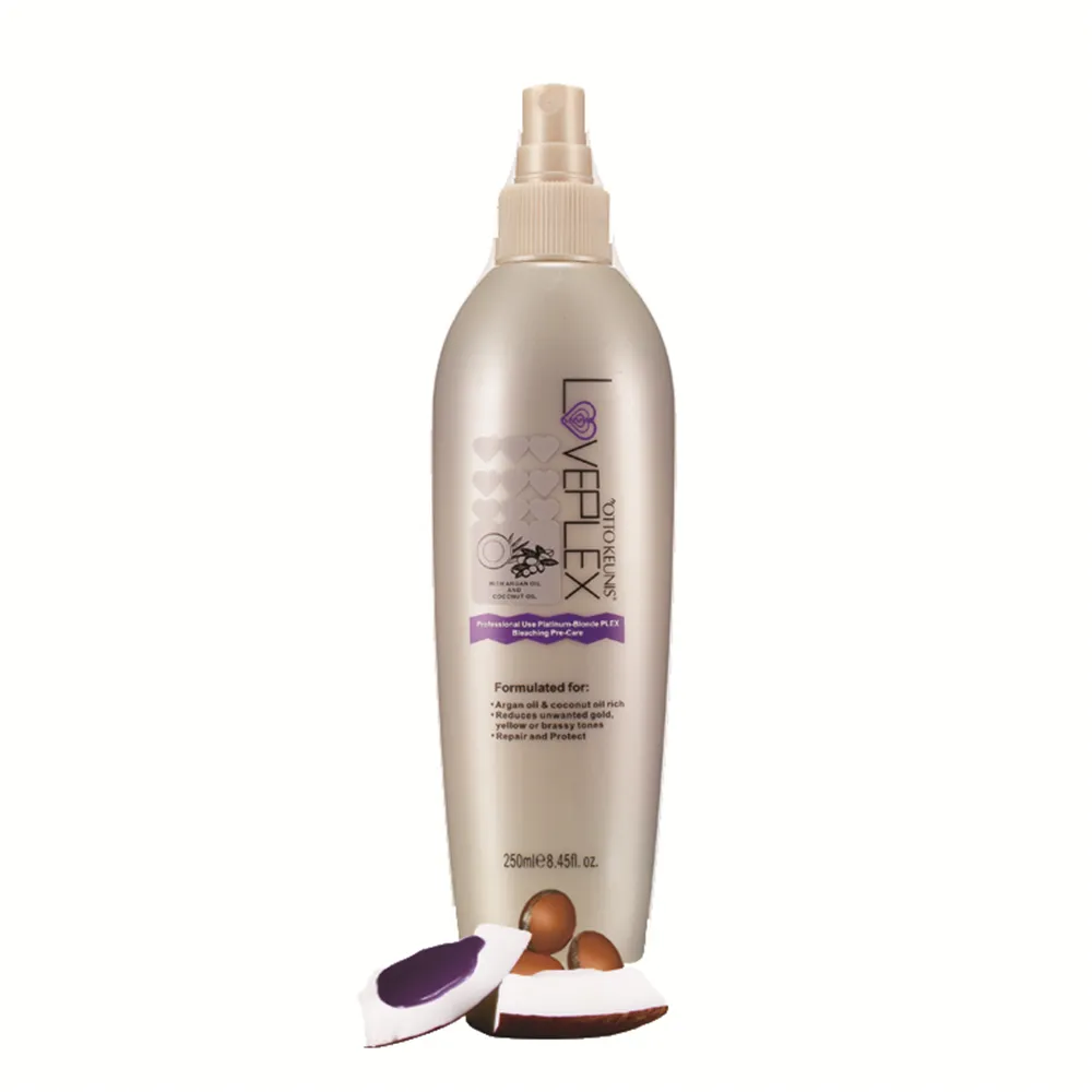 Etiqueta Privada profesión usar spray aceite de argan + aceite de coco blanqueo pre-spray para el cabello