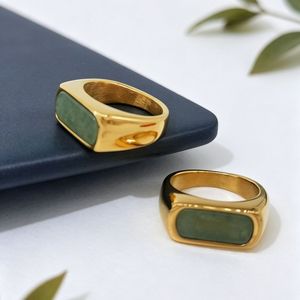 yunnique Geometric Square <b>Ring</b> 18K Gold Plated <b>Titanium</b> Steel Imitation Jade Bezel Setting Unisex Fashion Jewelry Gift - Product Image 3