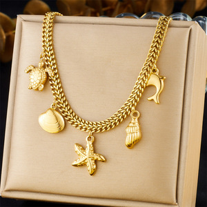 Ocean Series Gold Plated Stainless Steel <b>Necklace</b> With Starfish Turtle Dolphin Charms <b>Beach</b> Style Pendant Chain Jewelry - Product Image 5