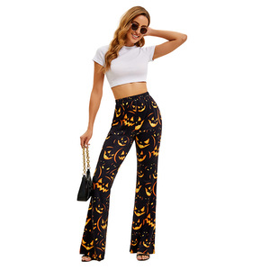 Pantalon évasé pour femme, imprimé citrouille et chauve-souris noir, taille haute, en satin, long, tendance, pour Halloween - Product Image 2