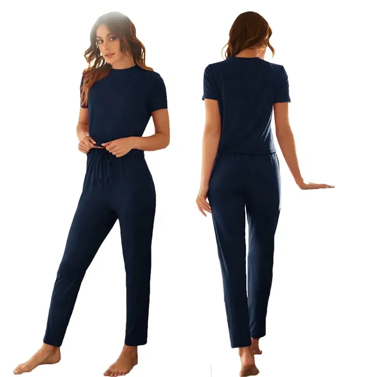 Eco-friendly Soft Bamboo Pyjamas Solid Lounge Wear Sets Women Shorts Sleeve Tee & Pants Woman Loungewear