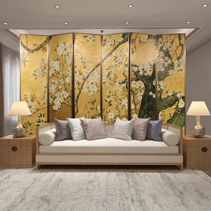 Trang trí nội thất, khách sạn, lối vào nhà, Vách ngăn phòng khách vẽ tay hoa anh đào vàng - Product Image 5