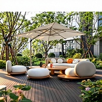 Sofá Curvo de Madera de Teca Sólida, Duradero, Contemporáneo, Modular, con Otomana Incluida, Mesa de Centro, Asiento Individual, Sofá de Exterior de Alta Gama