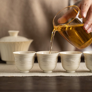 Guanlan Chinese Style Ding Kiln White Ceramic <b>Teacup</b> Fish And Algae Relief Round Porcelain Tea Cup For Home Use Afternoon Tea - Product Image 3
