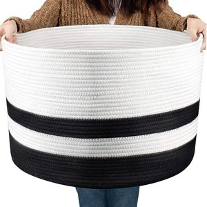 black and withe cotton rope Storage Basket Blanket toy clothes Basket with minimalist Handle Laundry Hamper washing basket
