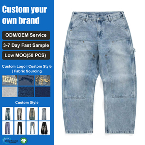 Pantalones Vaqueros Anchos de Mezclilla para <span class=keywords><strong>Hombre</strong></span>, Estilo Vintage Lavado, de Algodón Pesado, de Pierna Recta, Holgados, para Uso Urbano - Product Image 1