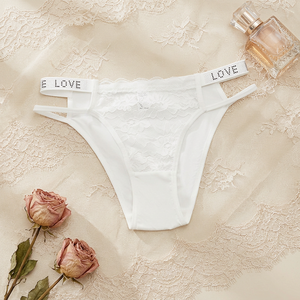 Culotte de bikini en dentelle blanche pour femme, avec ceinture imprimée LOVE en strass, fines bretelles latérales, taille basse, lingerie sexy pour femme - Product Image 1