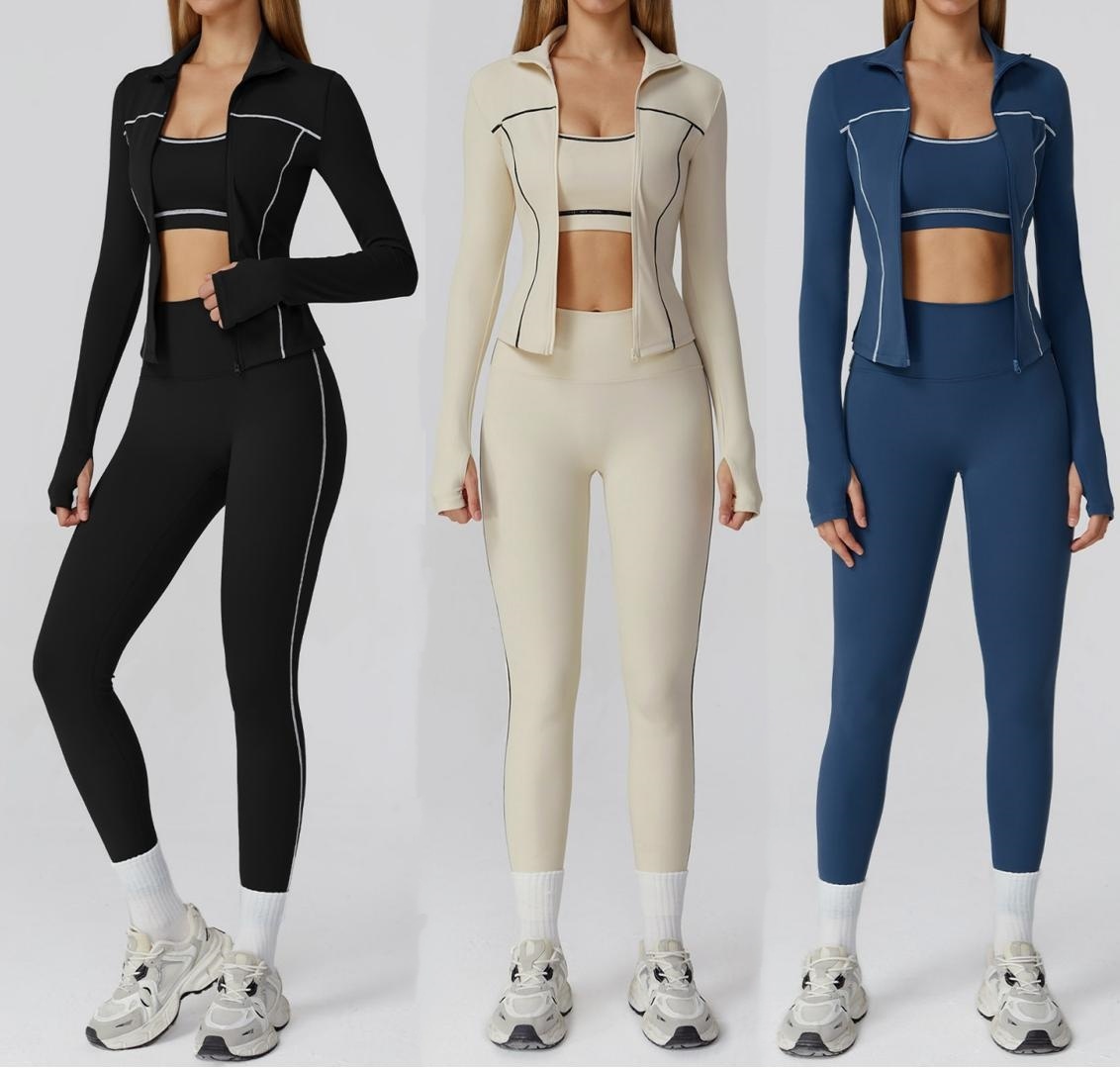Ladies Contrast Color Workout Active Wear Set Full-Zip Jacket & Padded Sport Bra & Leggings 3 Pieces Fitness Yoga Wear Suit