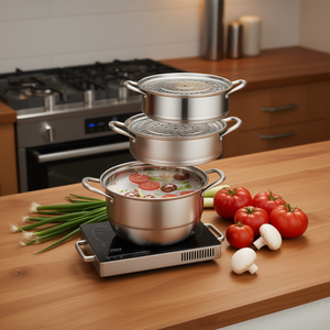 Casserole vapeur à 3 niveaux en acier inoxydable avec couvercle pour cuisinière à gaz et à induction - Product Image 2