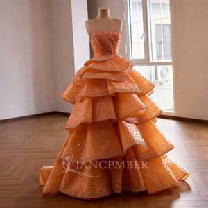 Robe de soirée personnalisable RSM261039 orange, bustier, avec appliques, sequins, perles superposées, dos lacé, en mousseline, coupe naturelle - Product Image 4