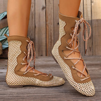 Bottes plates décontractées pour femmes, style gladiateur romain, à bout rond, talon bas, à lacets, avec manchette tricotée à la cheville, chaussures d'été pour la plage