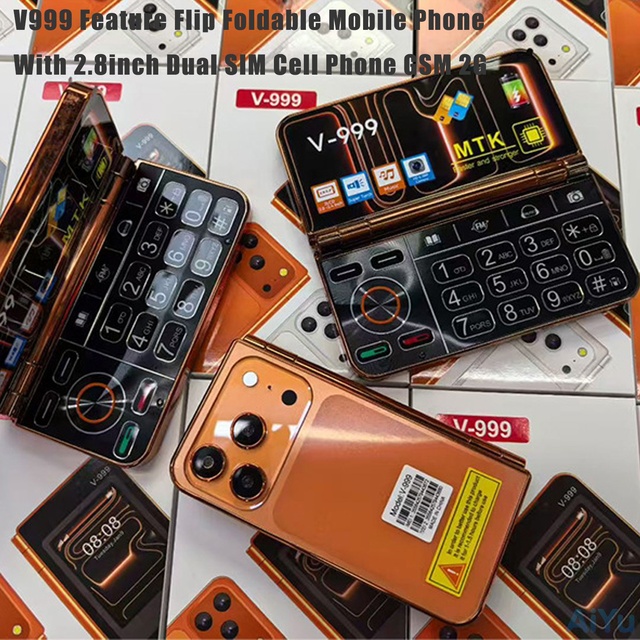 V-999 Dual Screen Seniors Phone QWERTY Keyboard 2G 2.4+2.8inch Flip FM Radio Big Display Dual SIM Gaming French/Spanish LCD