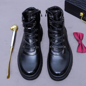 Bottes d'hiver montantes pour hommes en cuir véritable, style motard, à lacets, semelle épaisse, talon robuste, rehaussantes - Product Image 3