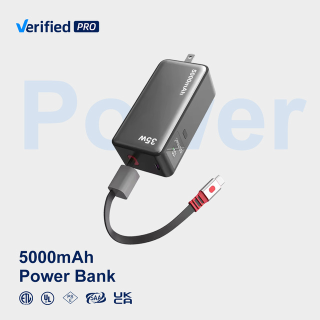 TKT 35W Max Compact 3-in-1 Power Bank 5000mAh Portable Charger Type-C Cable Foldable Plug LI-Polymer Battery Pack for iPhone
