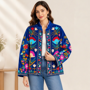 Chaqueta Bomber Bordada con Flores Hecha a Mano para Mujer, Cuello Alto, Manga Larga, Forro de Algodón - Product Image 1