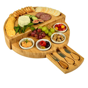 Bamboo <b>Cheese</b> Board <b>Set</b> Round Rotatable With <b>Knives</b> Cutting Board For Serving And Entertaining - Product Image 5