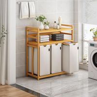 Panier à linge en bambou moderne extensible à 3 compartiments, durable, avec sac en tissu amovible, étagère de rangement, finition brillante, multifonctionnel