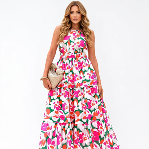 2026 <b>Summer</b> New Women's European Retro Floral <b>Short</b> Sleeve V-Neck A-Line High Waist Washable Maxi <b>Dress</b> Custom OEM/ODM - Product Image 3