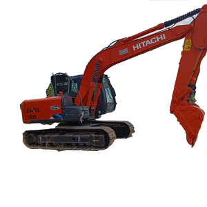 Excavatrice Hitachi ZX120 sur chenilles rouges avec godet de terrassement, équipement de construction d'occasion - Product Image 1