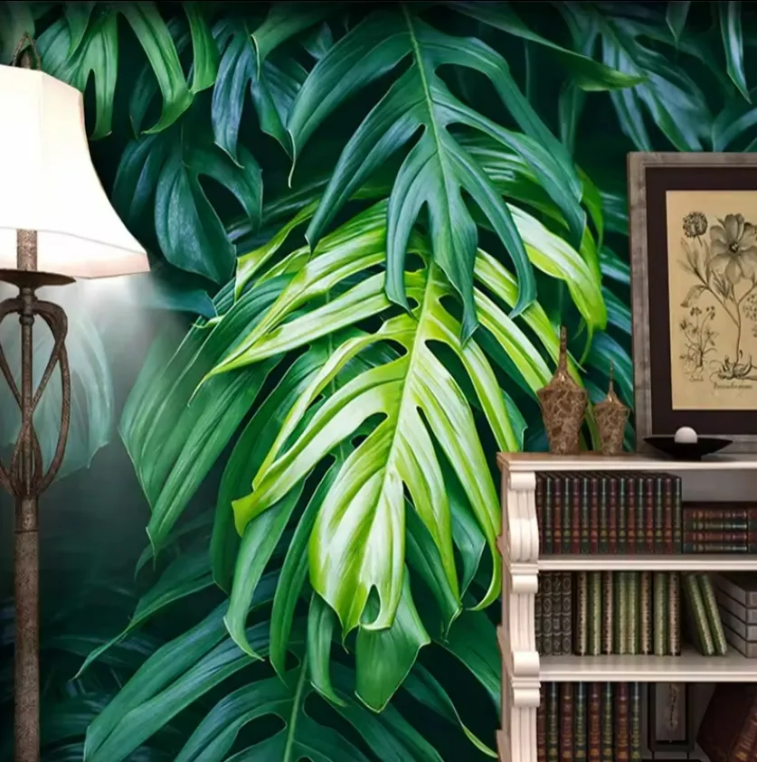 Plantes tropicales dessinées à la main 3D feuilles murales de la forêt tropicale peler et coller papier peint salon TV canapé décor à la maison