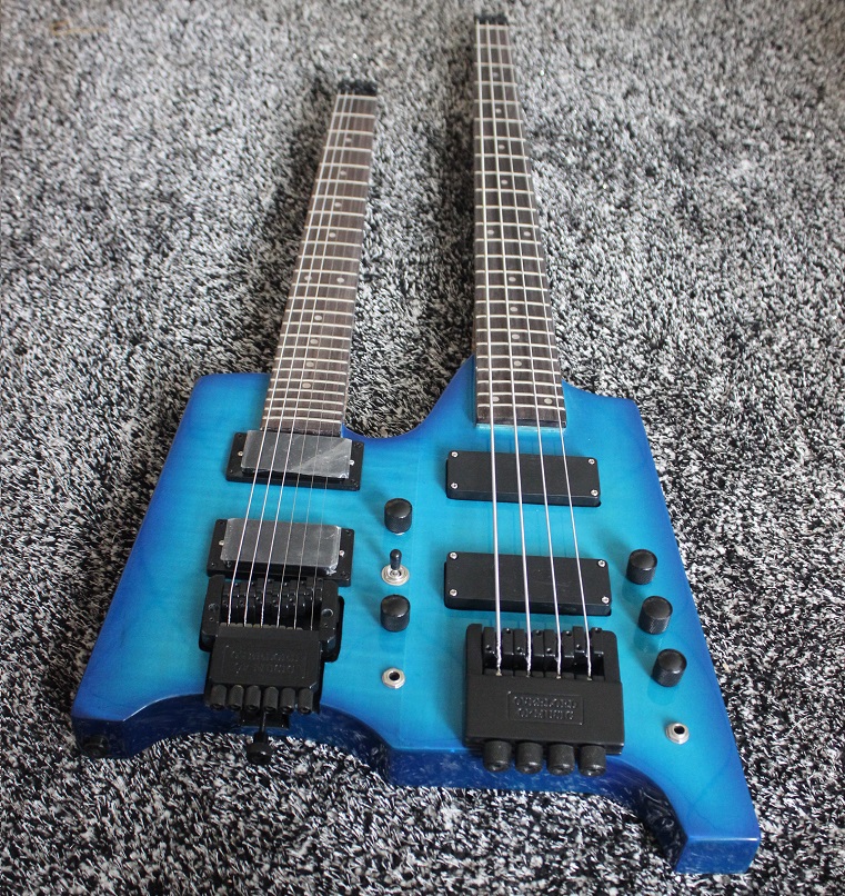 Weifang Rebon Double Neck Headless Electric Guitar in Blue