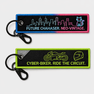 Neo-Vintage Cyber-Biker <b>Keychain</b> Two-Sided <b>Custom</b> Fabric Woven <b>Keychain</b> With Your Logo Wholesale - Product Image 1