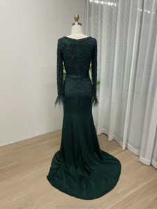 DXM008B eleganti barchetta abiti formali musulmani da <span class=keywords><strong>sera</strong></span> per le donne <span class=keywords><strong>madre</strong></span> sposa perle piume maniche lunghe fino al pavimento - Product Image 5
