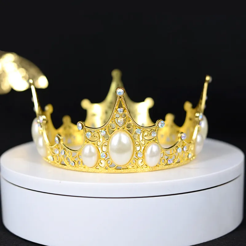 Nicro Princess Vintage Wedding Cake Crown Birthday Baby Shower Full Round Luxury Gold Crystal Pearl Tiara Cake Topper Decoration