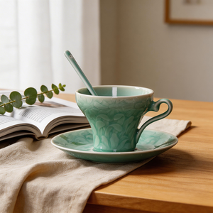 Juego de Tazas de Café de Celadón Longquan de Lujo, Taza y Platillo de Cerámica Azul Cielo Hechos a Mano, 150 ml, Juego de Regalo Artístico de Porcelana - Product Image 1