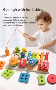 Jeu 3-en-1 en bois coloré pour enfants : Comptage, Empilage, Pêche, Xylophone, Blocs mathématiques numérotés et de formes - Product Image 3