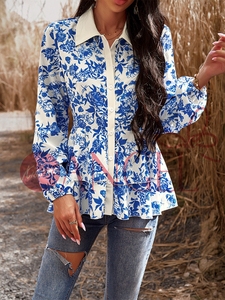 Blusa feminina de manga longa casual com decote em V e botão de linha única KISS ME ANGEL moda fresca azul - Product Image 3