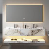 Meuble de salle de bain en dalle de roche Centurymosaic avec miroir intelligent LED et lavabo en céramique pour villa, hôtel, appartement