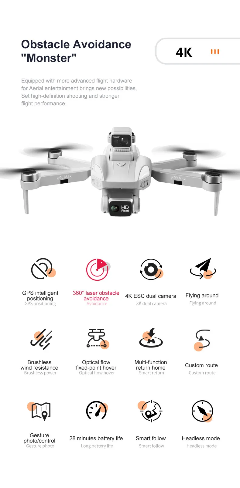K90 Max drone, Obstacle Avoidance 4K "Monster" has more advanced flight hardware for Ae