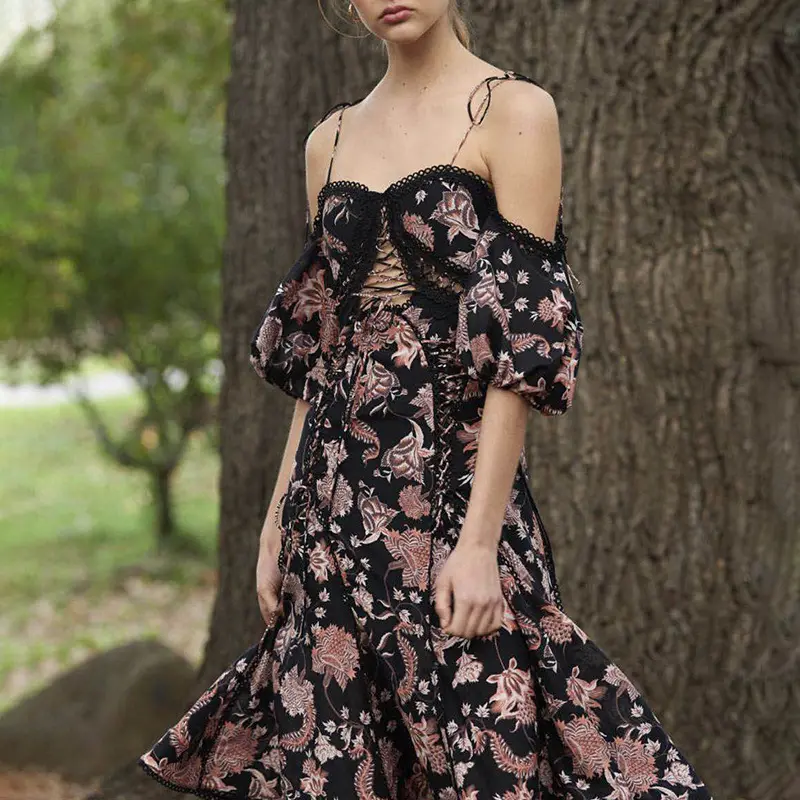 A3194 Black Off Shoulder Short Sleeve Print Lace Up Evening Dresses Luxurious Women