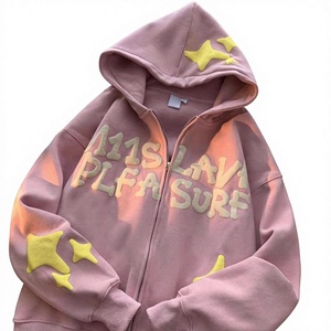Sudadera con Capucha Oversize Unisex con Cremallera Frontal, Estampado de Estrellas en Relieve, Rosa, Estilo Urbano Otoñal, Ajuste Casual, Manga Regular - Product Image 1