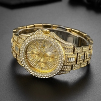 Jam Tangan Pria Iced Out Tiga Sub Dial Jendela Tanggal Dial Bertabur Kristal Gelang Warna Emas Jam Tangan Hip Hop Bling