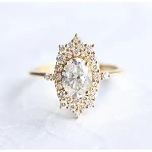 Kilau kustom perhiasan jari 10K/ 14K / 18K emas pertunangan cincin pernikahan dengan oval lab tumbuh moissanite berlian untuk w