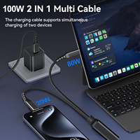 Cable USB-C de Nailon 2 en 1, Resistente, de 100W, Admite Carga Rápida y Transferencia de Datos Simultáneas, Chip Inteligente para iPhone 15 Pro