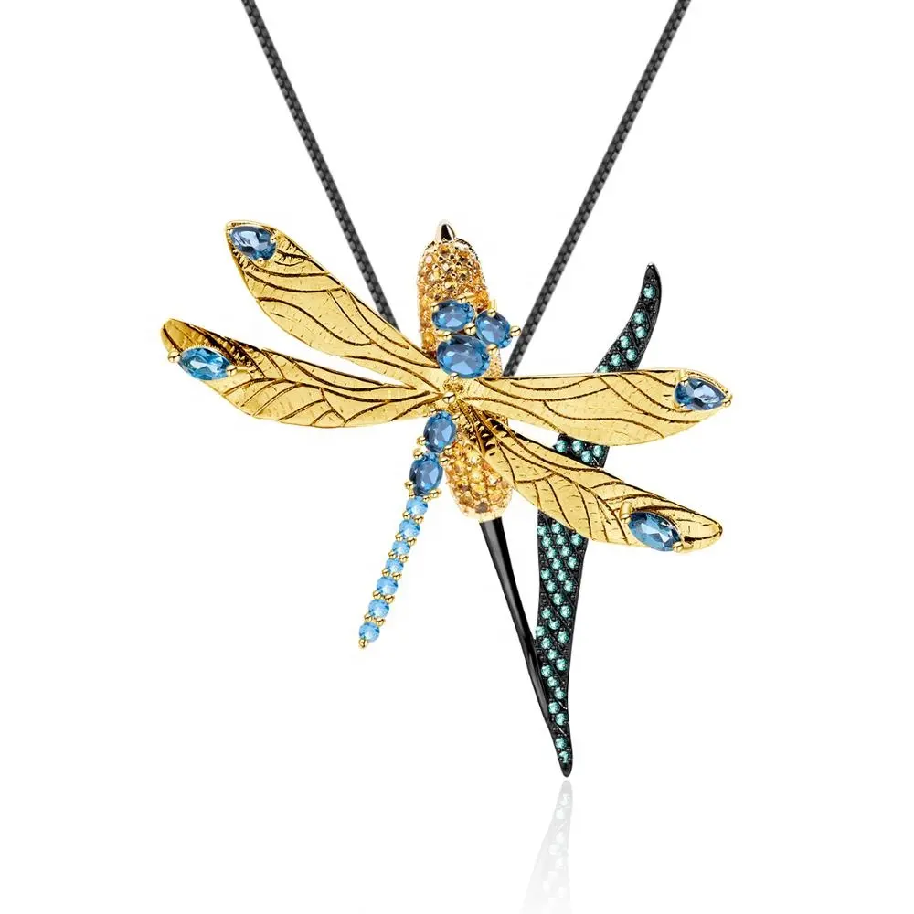 الالتزام OEM الحيوان بروش مصمم الذهب مطلي الطبيعية الأزرق توباز مخصص اليعسوب قلادة 925 فضة مجوهرات قلادة نسائية