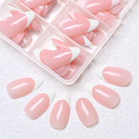 Ongles artificiels pleine couverture couleur unie style français ; Autocollants pour ongles à motif écossais pré-dessinés, brillants et emballés en boîte, pour l'exportation.